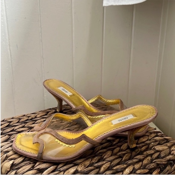 Prada Gold Suede Trimmed Textured Lucite Heeled Mules - Picture 9 of 14